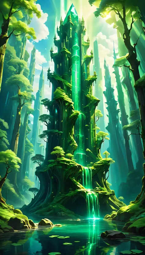 "((Floating emerald tower:1.5)), A towering structure of luminous emerald, hovering above a surreal, glowing forest. The towers walls constantly shift between bright greens and deep blues, while beams of sunlight pierce through, casting radiant reflections...