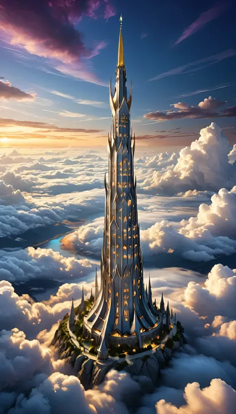 "((Twilight floating spire:1.5)), A single, towering spire made of glowing silver and gold, floating above a sea of clouds. The spire twists in impossible shapes, with glowing runes etched along its surface. Surrounding the spire, glowing orbs float lazily...