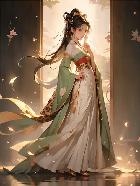 1. A Hanfu girl, on the right side of the picture, Hanfu has exquisite patterns, the girl is beautiful, petite, delicate eyes, long hair flowing, gorgeous hair, noble, side, side standing posture, behind a huge leopard, black leopard, whole body, Wei and J...