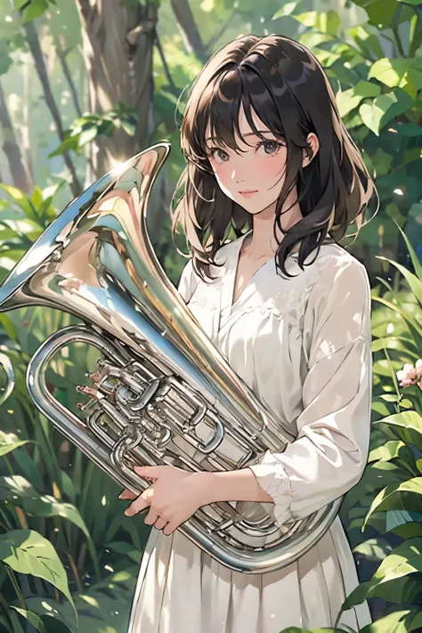 so beautiful, 1 person, (Playing the Euphonium:1.2), Alone, (Draw the Euphonium Shape Accurately:1.4)、standing、(From before)、smile、Beautiful and fair、Beautiful Skin、Glowing Skin, bright, A refreshing and gentle look, Perfect beautiful face、Beautiful shiny ...