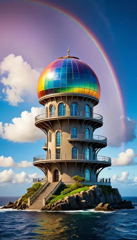 "((Floating rainbow observatory:1.5)), A whimsical observatory built on a colossal, swirling cloud, with towers resembling giant rainbow-colored seashells. The observatory is adorned with intricate glass mosaics that reflect sunlight in a spectrum of color...