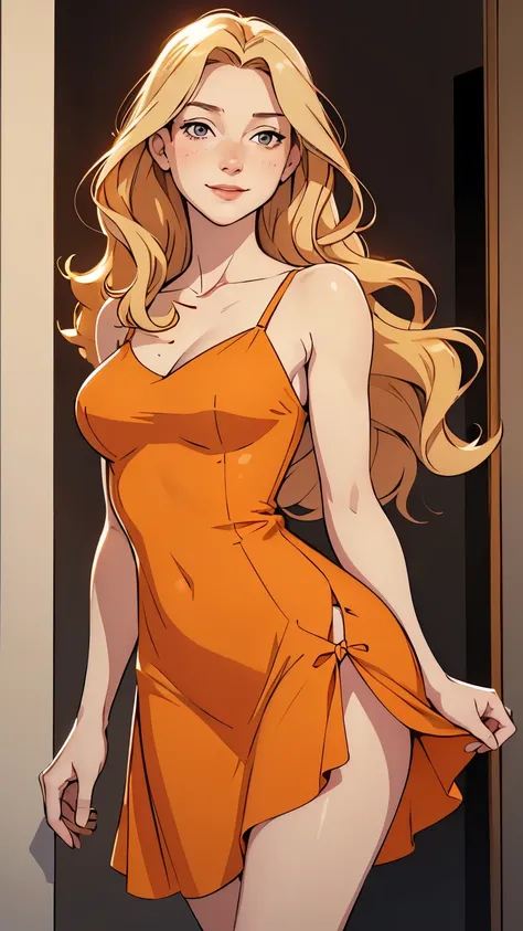 there is a woman in an orange dress standing in front of a mirror, wearing orange sundress, wearing a cocktail dress, sexy dress, wearing an elegant dress, short dress, wearing dress, inspired by Adrienn Henczné Deák, in a dress, orange extremely coherent,...