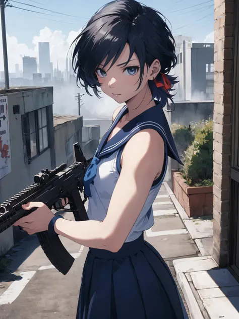 masterpiece,Best Quality,
Sailor Mercury, Assault rifle sights, A look of determination, Sailor uniform, Blue Short Hair, Urban rooftop, smog, intense.