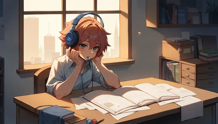 "Create an image featuring a character sitting at a desk with headphones on, in a cozy room with warm lighting. The room should have elements such as books, decorations, and a window showing either a cityscape or nature. The atmosphere should be calm and i...