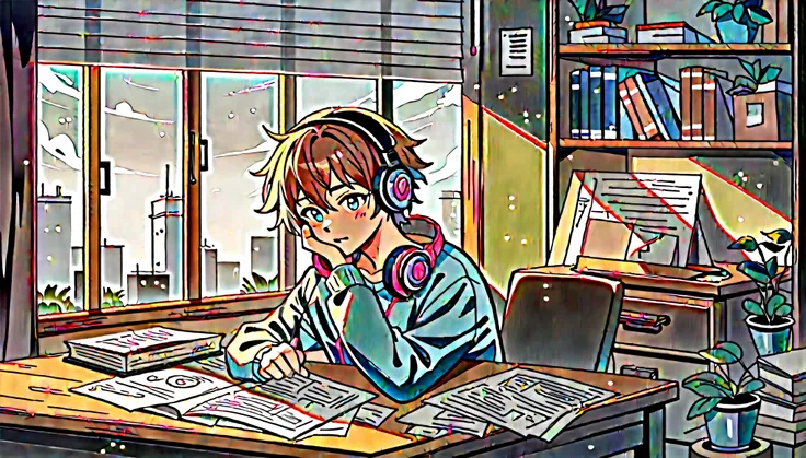 "Create an image featuring a character sitting at a desk with headphones on, in a cozy room with warm lighting. The room should have elements such as books, decorations, and a window showing either a cityscape or nature. The atmosphere should be calm and i...