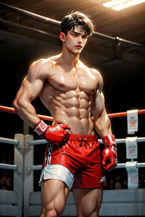 cute male, black hair, brown eyes, tanned skin, 20 years old, shirtless, sexy body, beautiful body, well-defined body, toned, fit body, six-pack abs, sweaty, drenched, glistening, serious, wearing red boxing gloves, red and black boxing shorts, standing, i...