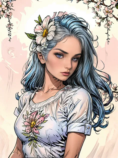 best quality, masterpiece, extremely detailed, detailed background, 1girl, solo, long hair, flower, blue hair, white background,...