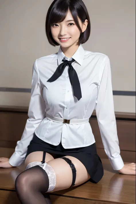 Beautiful Japanese Women, short hair, Smiling, ((masterpiece)), (((best quality))), ((ultra-detailed)), 1girl, gleaming skin, secretary, business suit, white shirts, Skirt is tight on hips and legs, Absolute area, business, ((Garter belt)), (black stocking...