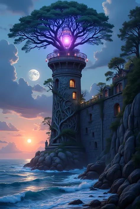 there is a magical lighthouse in built by the elves, it is standing in the sea part of the wall surrounding the city of elves, it is made by tree and has vines climbing its walls. Elven architecture, there are some magical runes on the lighthouse, the rune...