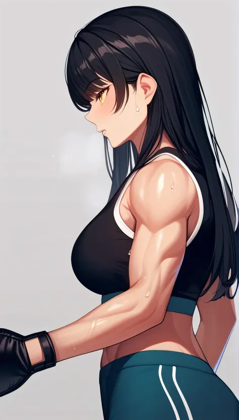 black hair,masterpiece,best quality,highres,ultra-detailed,aashizue,yellow eyes,long hair,(sports bra:1.2), boxing gloves, toned, muscular,sweating, (sleeveless:1.4)