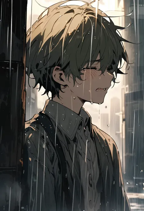 A sad boy crying in the rain singing