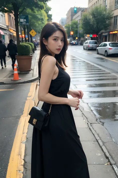 Woman wearing maxi dress, turn around, Detailed face, Beautiful Eyes, Walking without noticing the camera, In a city where heavy rain is falling, Raindrops, Ass,