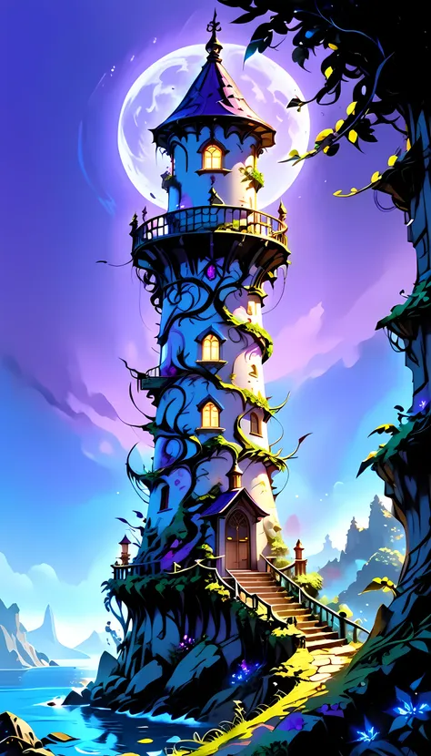 there is a magical lighthouse in built by the elves, it is standing in the sea part of the wall surrounding the city of elves, it is made by tree and has vines climbing its walls. Elven architecture, there are some magical runes on the lighthouse, the rune...