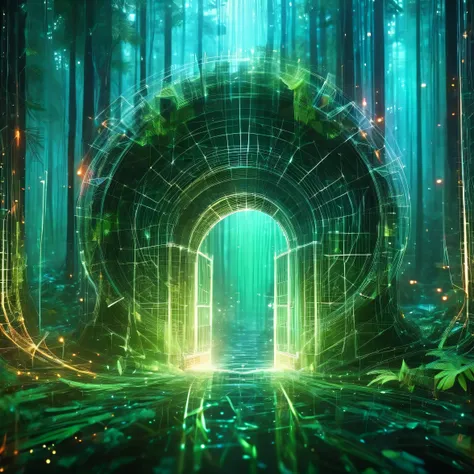 Night - wfhlgr, (Digital Art:1.3) of (Sketched:1.1) octane render of a mysterious dense forest with a large (magic of:1.2) Gate (portal:1.3) forever of the kingdom, Blade Runner, complicated (Grapevine:1.2), Liquid Metal of Giant Tree, Realistic digital pa...