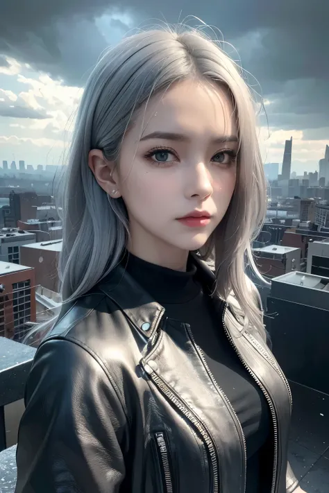 (Top quality, high resolution, masterpiece), ultra detailed, (realistic, photorealistic), Young and beautiful woman, (dark silver-gray bob hair with gentle waves), (sad face), (small bust), black leather jacket and Grey T-shirt, the dark world, dystopia, t...