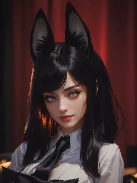 1 woman with beautiful detailed eyes, awkward gaze and apologetic smile, black cat ears, wearing shirt with tie, black hair with red streak, realistic style, (best quality,4k,8k,highres,masterpiece:1.2),ultra-detailed,(realistic,photorealistic,photo-realis...