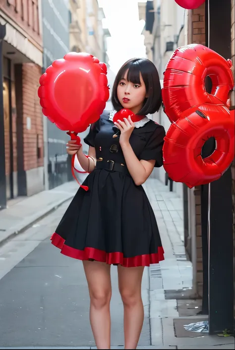 a  girls, ((she is blowing red balloons)) , real photo, (((full body))), (looking down at me),  bob hair, big ribbon on he hair, (military dress), 