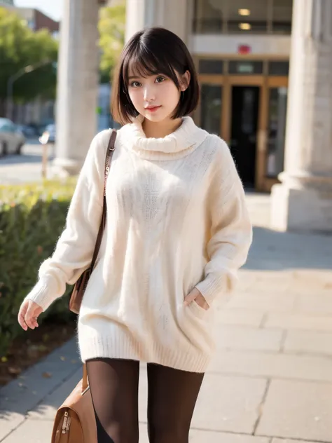 Realistic female college student wearing a cashmere knit dress、short hair、 (Ultra-realistic pantyhose:1.3)、Thighs Thighs Thighs Thighs、