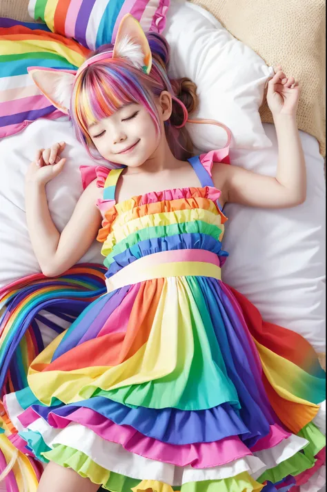 Colorful Cat ears Sleeping face Tail Rainbow ta outfit Rainbow maid outfit Rainbow Alice outfit Rainbow outfit Cute Chibi Smile