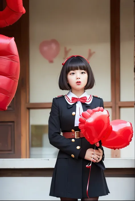 a  girls, ((she is blowing red balloons)) , real photo, (((full body))), (looking down at me),  bob hair, big ribbon on he hair, (military dress), 