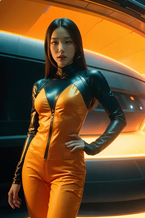 a woman in a futuristic suit with a spaceship in the background, movie art, in front of an orange background, inspired by Robert McGinnis, female protagonist, megastructure in the background, portrait of an AI astronaut, astronauts, an astronaut, portrait ...