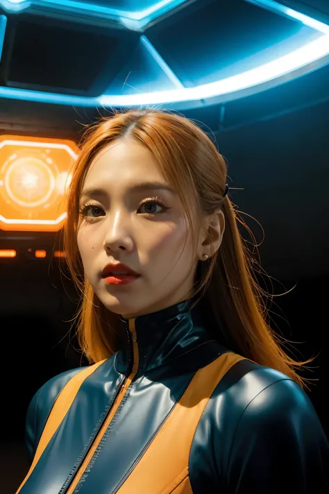 a woman in a futuristic suit with a spaceship in the background, movie art, in front of an orange background, inspired by Robert McGinnis, female protagonist, megastructure in the background, portrait of an AI astronaut, astronauts, an astronaut, portrait ...