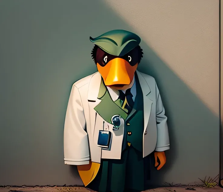 A duck wearing a doctor&#39;s coat and is using a stethoscope, holding a doctor&#39;s bag 