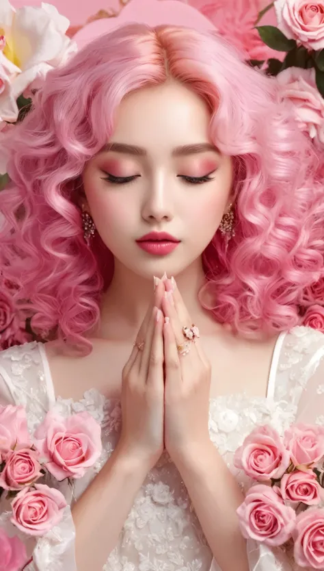 f long pink curly hair、feminine,High detail and quality、8K Ultra HD、3d、Beautiful woman,Fuller lips、Pink Roses,Fashion magazine cover,Seamless pattern、Neutral pastel colors,Mysterious off-white world,Fabric Art、Art Station、Combining magic and fantasy、A vari...