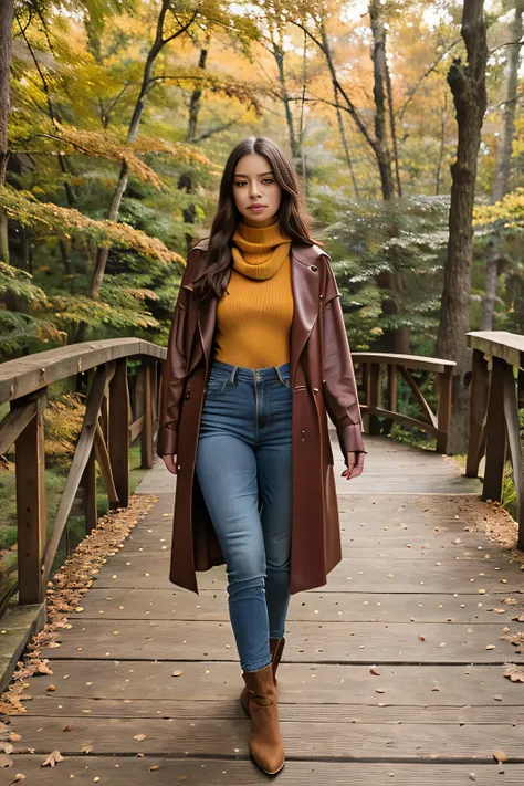 A woman stands on a wooden bridge in a forest park, surrounded by vibrant autumn foliage. She wears a classic deep maroon trench coat draped over a cozy turtleneck sweater in warm mustard yellow. Her slim-cut, dark olive-green jeans complement ankle-high l...