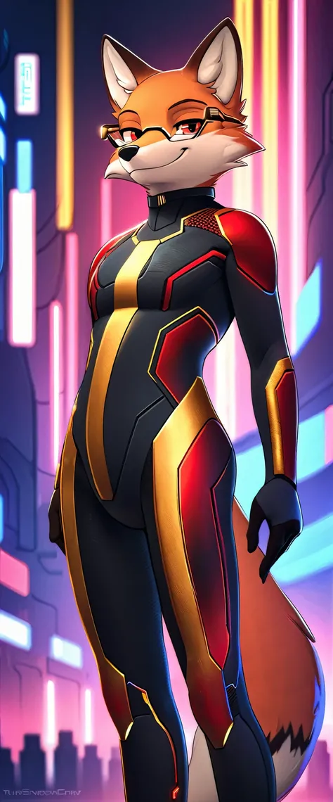 (((masterpiece:1.5, 4K, 8K))), a full body high quality digitally drawn rendered image ((by SEGA)) of A solo male tall anthro ((light brownish-red fox)), with red eyes, (((tan muzzle))), wearing a shiny (((sci-fi bodysuit))), and well-fitting glasses, stan...