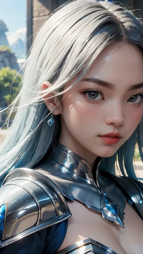 a close up of a woman in a silver and blue dress, chengwei pan on artstation, by yang j, detailed fantasy art, stunning characte...