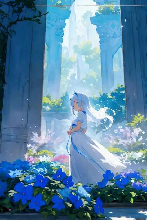 Generate a cute anime girl .in background there is a huge scenery.she is wearing a aesthetic white dress and has a cool body।    language in background there is a garden full of bluish flowers which we can even see from far away. 