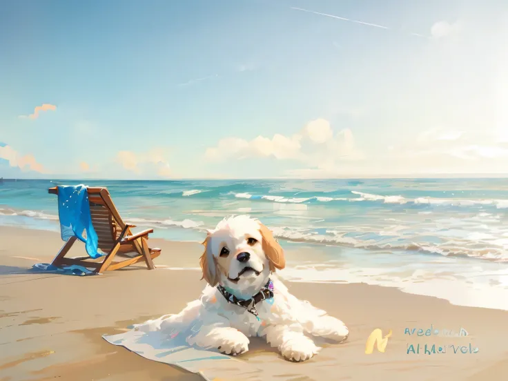 there is a dog that is laying down on the beach, is relaxing on a beach, relaxing at the beach, its is relaxing on a beach, sunny day at beach, on a sunny beach, at the beach, relaxing on the beach, in a beachfront environment, at a beach, sitting at the b...