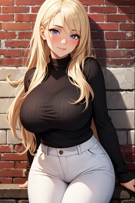 (High quality, High resolution, Fine details), Brick Wall Street Corner, Long Black Knit Tops, long white pants, (Lean Forward), solo, curvy adult women, (Tilt-Head), blonde hair, Adult Hair Style, sparkling eyes, (Detailed eyes:1.2), Natural Makeup, smile...