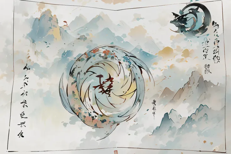 a poster，the background is mountains and golden clouds，there are two carps connected head to tail in the middle.