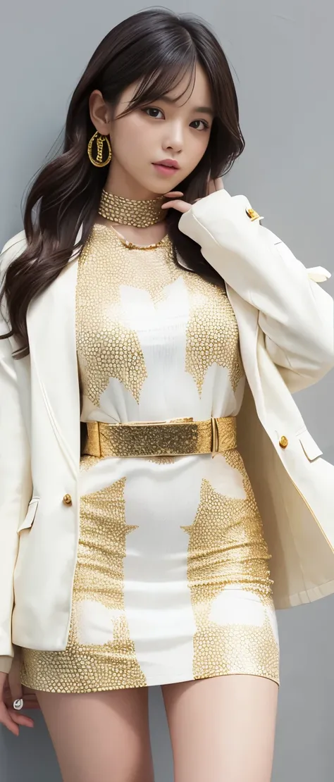 Pure idol girl、whole body、　Good style、、、、、、、、、、Thick legs、、Honeycomb print white tight dress、Oversized gold jacket、Diamond Belt、A pure girl&#39;s face、、