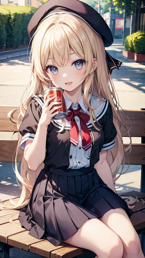 Sitting on a bench、手にソーダを持っているanimeの女の子　(masterpiece, Highest_quality), Highly Detailed CG Unity 8K Wallpapers, Super detailed illustrations, (anime_style), A woman taking a photo, A shy smile, Small open mouth, Long Hair, Straight hair, Fine skin, Beautif...