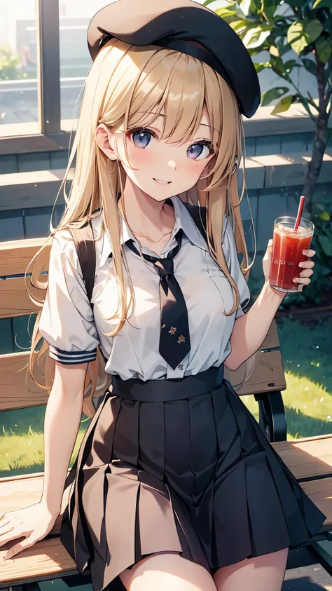 Sitting on a bench、手にソーダを持っているanimeの女の子　(masterpiece, Highest_quality), Highly Detailed CG Unity 8K Wallpapers, Super detailed illustrations, (anime_style), A woman taking a photo, A shy smile, Small open mouth, Long Hair, Straight hair, Fine skin, Beautif...