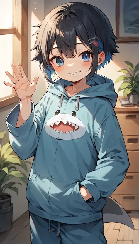 1girl, dark blue eyes, medium long wolf cut hair, using hairpin, black colored hair, using a shark onesie, grinning smile, blushing, one hand in pocket, one hand waving, in an apartment living room, child