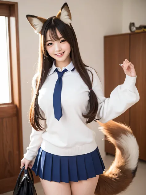 ((Best Quality, 8k)), ((masterpiece)), (Highest Resolution), Perfect Face, Woman with fox ears, Woman with a tail, Beautiful woman, She is a student at school, It was taken at school, Only one tail, She has thick thighs, Her big fox tail, I can see her fox...