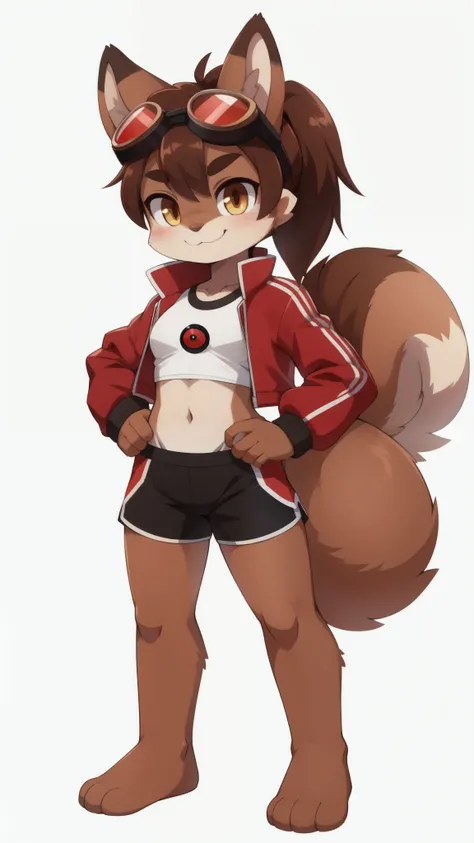 score_9,score_8_up,score_7_up, source_cartoon, source_furry, Furry girl, squirrel, dark brown hair, messy hairstyle, mohawk hair, messy ponytail, yellow eyes, small breasts, detailed body fur, ((goggles, red sport jacket, white shirt, midriff, black sport ...