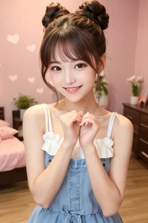 Cute bun hairstyle、A beautiful and cute idol-like woman、Genuine、Bright expression、smile、Kissing Face、Make a heart shape with your hands、The background is inside the room