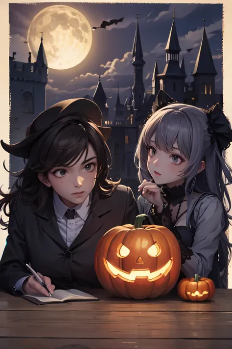 Masterpiece, Highly detailed, FHD, Absurd, Couple, Vampire, Zombie, Pumpkin ghost, Bat, Embarrassed, Shy, Halloween, Full moon, Starry sky, Castle, Midnight, Dark fantasy, Cel animation, Pencil sketch 