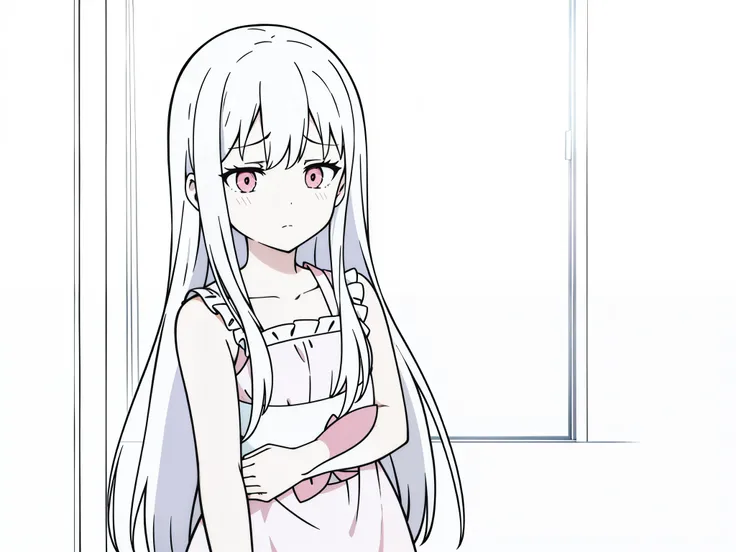 (1girl,,10 years),white hair,long hair,pink pijama, long sleeveless,sad,(white background,line drawing),back with one hand on the window looking out