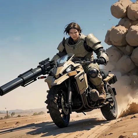 nsfw, Anime screencap, 16k, perfect anatomy proportion body, action, A dynamic composition with a sense of speed and movement, (Ride a heavy armored off-road military motorcycle with a cannon:1.6), a wife, 40age, perfect beautiful delicate sexy face, perfe...