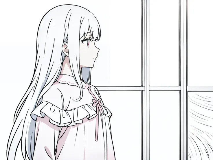 (1girl,,12 years),white hair,long hair,pink pijama, long sleeves,sad,(white background,line drawing),back with one hand on the window looking out, upper body