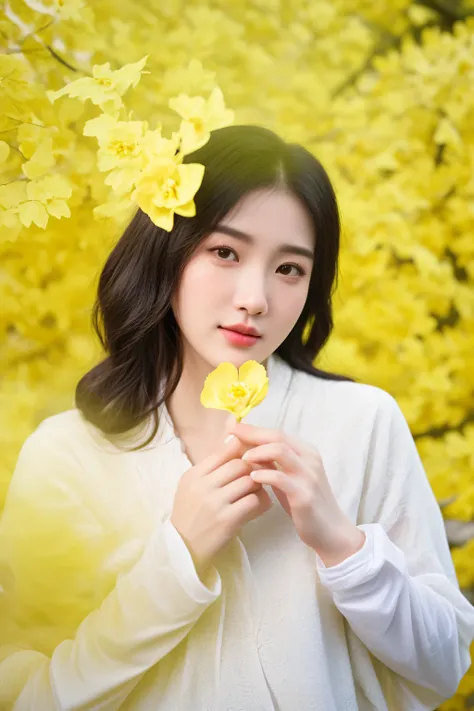 there is a woman holding a yellow flower in front of a tree, with yellow cloths, yellow hue, holding a flower, beautiful young korean woman, beautiful yellow woman, a young asian woman, beautiful south korean woman, shot on nikon z9, slight yellow hue, gor...