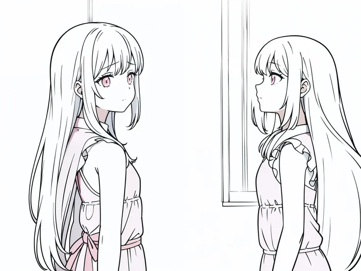 (1girl,,10 years),white hair,long hair,pink pijama, long sleeveless,sad,(white background,line drawing),back with one hand on the window looking out