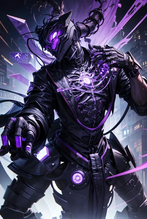 (best quality), 1boy with Machine_tail, One, male focus, a mask, черные gloves, whiss, horror theme,(gloves), darkness,Machine, black theme, very detailed background,(Amethyst),tungsten filament,Cyberpunk,computer screen,(biopunk) laboratory,8 k,cute pose,...