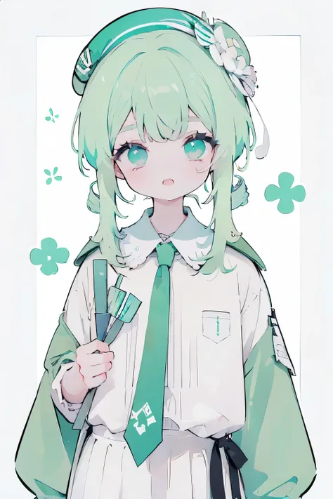 1 Girl, (Eye bags:1.5), Mint green hair, Double drill bit_Weaving, White beret, White shirt, Flower tie
